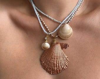 statement necklace with natural scallop shell decoupaged peacock and beads