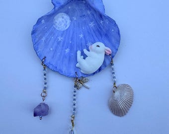 Hand Painted Celestial Seashell Car Charm: Bunny, Amethyst Crystal