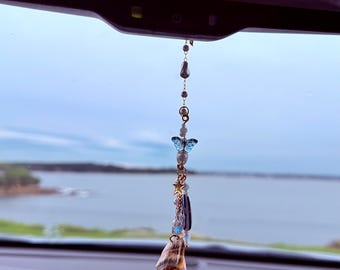 Seashell Car Charm Suncatcher: Natural Cone Shell, Crystal Beads and Butterfly Nautical Hanging Ornaments