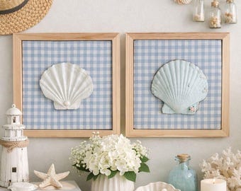 Handmade Seashell Wall Art, Coastal Cottagecore Decor Framed Scallop Shell (20x20cm) Ready to Hang