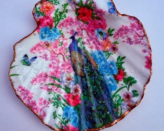 Large Peacock decoupage Scallop Shell Jewellery Dish trinket gifts for her
