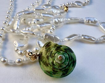 MERMAIDCORE Dreams of Lemuria pearls beaded statement necklace with natural shell pendant