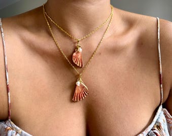 natural half scallop shell golden gilded and anti tarnish necklace