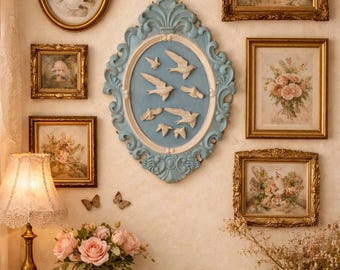 Ceramic Swallow Birds Wall Art in Ornate Carved Wooden Blue Frame – Handmade Vintage Style Wall Decor – Cottagecore Bird Artwork – 30x20cm