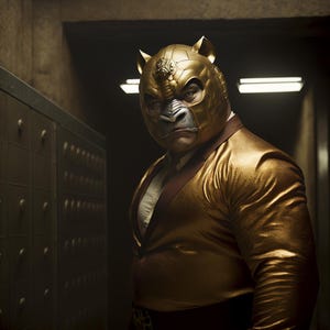 May include: A person wearing a gold metallic mask with bear ears and a matching gold suit. The mask has a silver nose and a decorative element on the forehead. The suit is paired with a white shirt and a burgundy blazer.