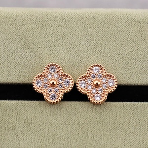 925 Silver 18k Gold Plated Clover Stud Earrings,15mm Vintage Full Diamond Clover Jewelry