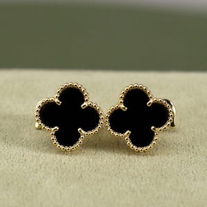 925 Silver 18k Gold Plated Clover Stud Earrings,15mm Vintage Black Agate Clover Jewelry