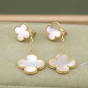 925 Silver 18k Gold Plated Clover Drop Earrings,25mm Vintage White Mother of Pearl Clover Jewelry