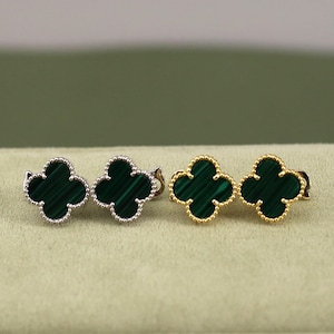 925 Silver 18k Gold Plated Clover Stud Earrings,15mm Vintage Malachite Clover Jewelry