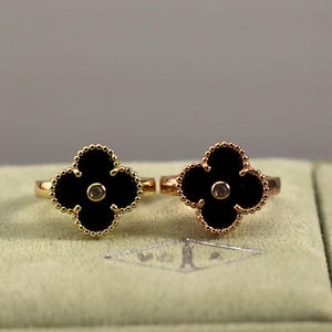 925 Silver 18k Gold Plated Clover Rings,15mm Vintage Black Agate with CZ Diamonds Clover Jewelry