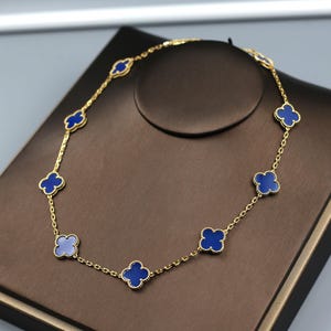 Collier trèfle 10 motifs en argent 925 plaqué or 18 carats, bijoux vintage trèfle agate bleue de 15 mm