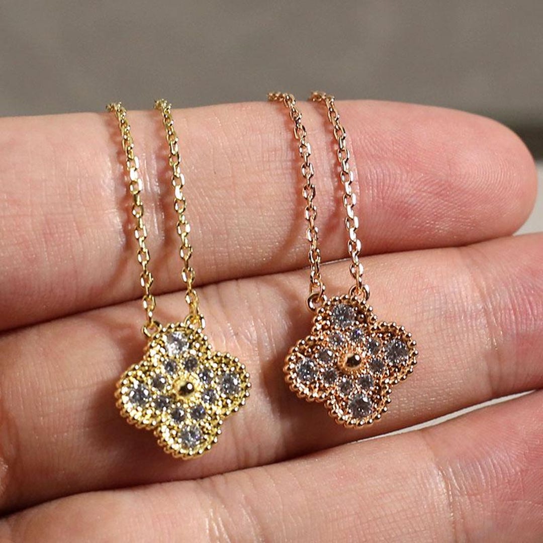 Vintage Full Diamond 15mm Clover Necklace 925 Silver 18k Gold Plated ...