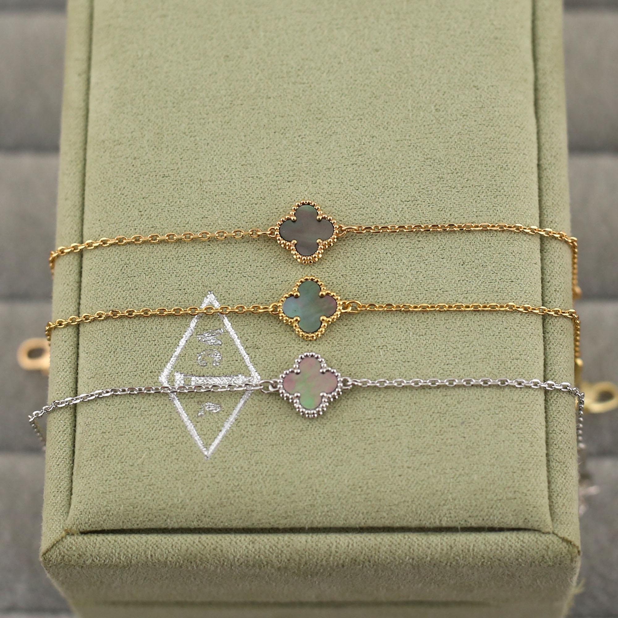 925 Silver 18k Gold Plated Clover Bracelet,9mm Vintage Mini Grey Mother of Pearl Clover Jewelry