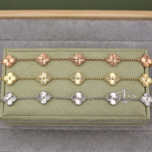925 Silver 18k Gold Plated 5 Motif Clover Bracelet,15mm Vintage Full Gold Laser Clover Jewelry