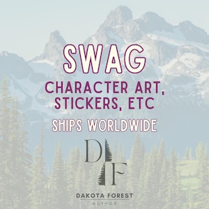 Könnte beinhalten: Bild mit lila Text, der "SWAG, CHARACTER ART, STICKERS, ETC" lautet. Der Hintergrund zeigt eine Bergkette und Bäume. Der Text "DAKOTA FOREST AUTHOR" befindet sich unten.