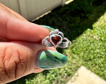 Vintage Sterling and Garnet  Irish Claddagh Ring.  Beautiful Sentimental Love Token
