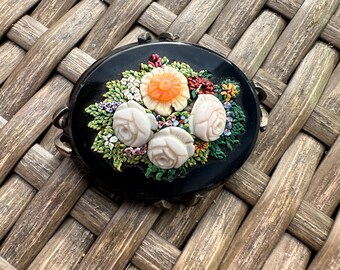 Antique Victorian Micro Mosaic Brooch | Black Onyx or Jet Glass | Unmarked Sterling Silver | Floral Estate Jewelry | Minor Chips – See Descr