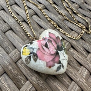 Vintage Hand Made Ceramic Heart hand painted floral  Pendant on chain