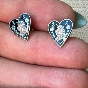 Adorable Little Vintage Cloisonne unicorn heart earrings , So cute