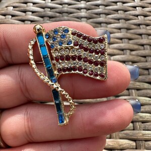 Vintage Gold tone Rhinestone American  Flag brooch, Red white and blue rhinestones