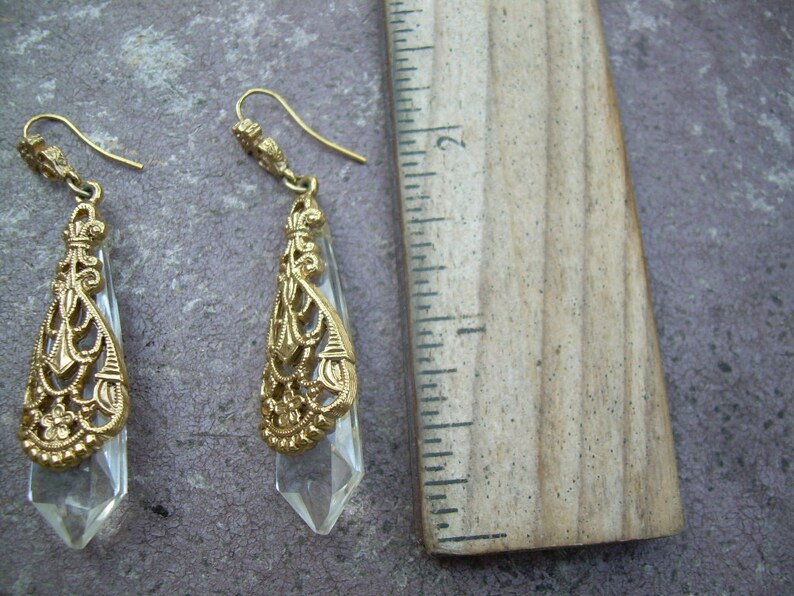 Rare Vintage Ornate Gold tone and rock crystal Earrings and Brooch set in Gold gilt featuring Faux Pearl.
