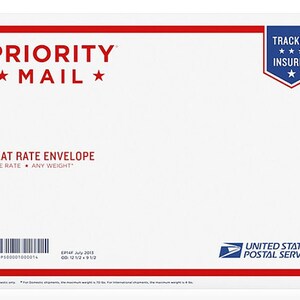 May include: White Priority Mail flat rate envelope with red and blue accents. The envelope features the text "PRIORITY MAIL" and "FLAT RATE ENVELOPE". It also includes the USPS logo and the text "TRACKED INSURED". The envelope measures 12 1/2 x 9 1/2 inches.