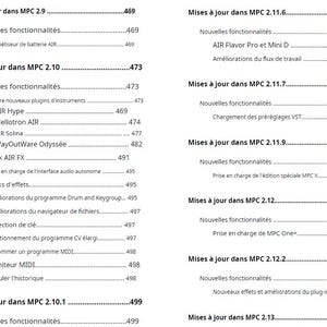 May include: A black and white image of a document listing updates for the MPC music production software. The document lists the version numbers and features added in each update. The document is titled "Mises à jour dans MPC" which translates to "Updates in MPC".