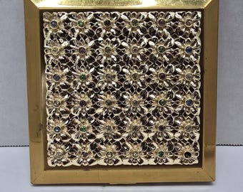 Portacipria compatto Vintage Volupté con strass a forma di fiore / Ottone color oro / Strass multicolore / Stile Mid-Century