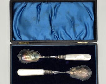 Antique Victorian/Edwardian Mother of Pearl Silver Plate Spoon Set Fitted Presentation Case