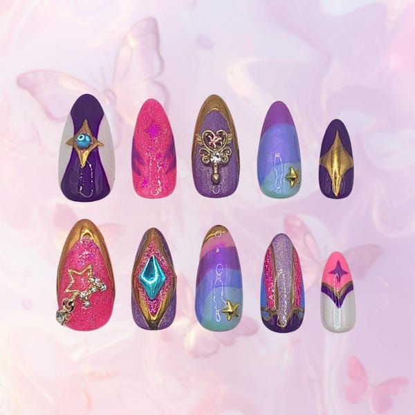 Star Guardian Xayah Press On Nails | League of Legends Inspired | Xayah Handpainted Nail Art