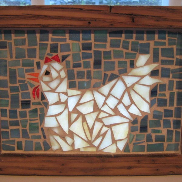 Hen Stained Glass Mosaic in Wormy Chestnut Frame