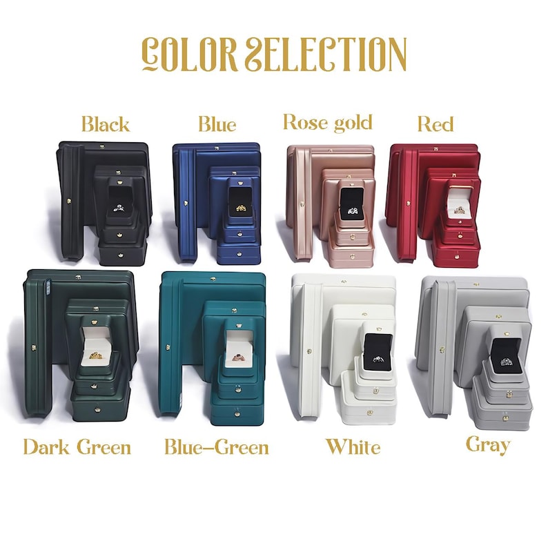 May include: A selection of jewelry boxes in various colors, including black, blue, rose gold, red, dark green, blue-green, white, and gray. Each box set includes multiple sizes, with the text "COLOR SELECTION" at the top.