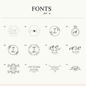 May include: A collection of wedding font designs in black, including monograms, floral wreaths, and ring illustrations. The text "FONTS for u" is at the top. Each design is numbered for easy selection, with examples of initials and dates.