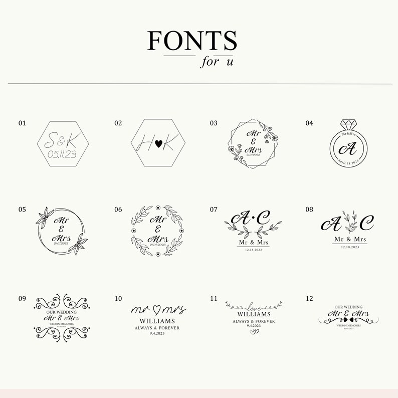 May include: A collection of wedding font designs in black, including monograms, floral wreaths, and ring illustrations. The text "FONTS for u" is at the top. Each design is numbered for easy selection, with examples of initials and dates.