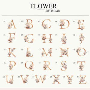 May include: A collection of 26 gold-colored floral initial letters, each adorned with a delicate arrangement of light pink and white flowers. The word "FLOWER" and the phrase "for initials" are at the top.