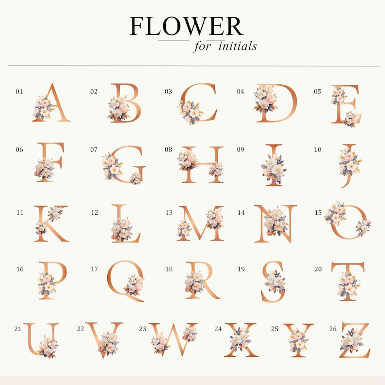May include: A collection of 26 gold-colored floral initial letters, each adorned with a delicate arrangement of light pink and white flowers. The word "FLOWER" and the phrase "for initials" are at the top.
