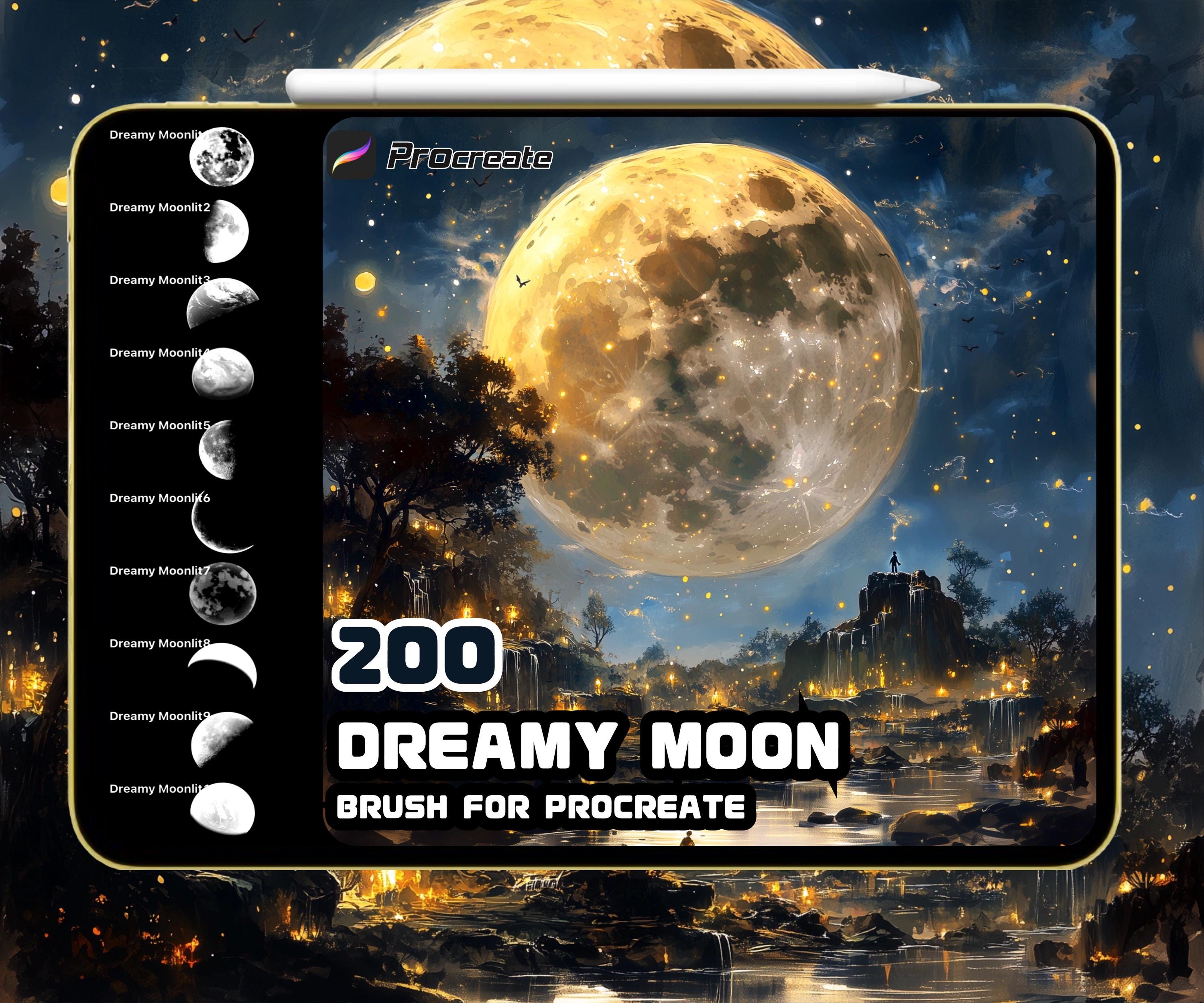 Dreamy Moon Set de pinceles para Procreate – 200 pinceles de texturas de cielo nocturno y luz de luna con efectos de brillo realistas