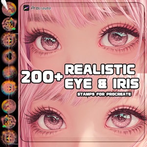 Könnte beinhalten: Digitales Kunstprodukt für Procreate mit zwei Paaren realistischer Augen mit rosa Iris und langen Wimpern. Der Text lautet "200+ Realistic Eye & Iris Stamps for Procreate."