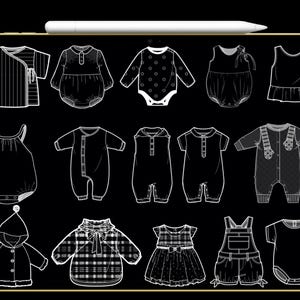 K&ouml;nnte beinhalten: Eine Sammlung von Babybekleidungsdesigns, darunter Strampler, Overalls und Kleider. Die Illustrationen sind in einem einfachen, klaren Stil gehalten, wobei der Fokus auf den verschiedenen Stilen und Details jedes Kleidungsst&uuml;cks liegt. Die Designs sind alle in Wei&szlig; auf schwarzem Hintergrund.