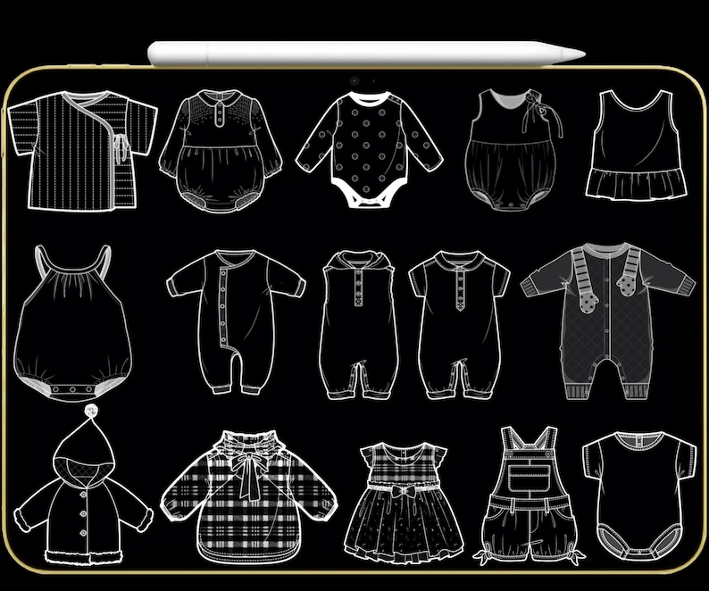 K&ouml;nnte beinhalten: Eine Sammlung von Babybekleidungsdesigns, darunter Strampler, Overalls und Kleider. Die Illustrationen sind in einem einfachen, klaren Stil gehalten, wobei der Fokus auf den verschiedenen Stilen und Details jedes Kleidungsst&uuml;cks liegt. Die Designs sind alle in Wei&szlig; auf schwarzem Hintergrund.