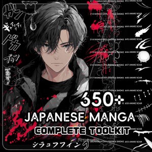 May include: Digital art toolkit for Japanese manga, featuring a male anime character with black hair and a black jacket. The image includes the text "650+ Japanese Manga Complete Toolkit" in red and white, with various manga-style effects.