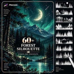 Op de afbeelding: Een digitaal product met 60+ bos-silhouetstempels voor Procreate. De hoofdafbeelding toont een maanverlicht berglandschap met een meer en dennenbomen. Een zijbalk toont acht witte silhouetten van bomen op een zwarte achtergrond.