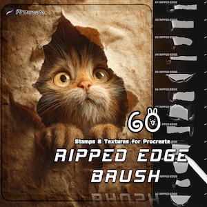 May include: A digital art product advertisement featuring a curious cat peeking through torn paper. The image includes the text "RIPPED EDGE BRUSH" and "Stamps & Textures for Procreate". A selection of ripped edge brush samples is displayed on the right.