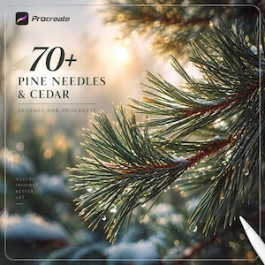 May include: A digital product listing featuring a pine branch with green needles and water droplets. Text reads: 70+ PINE NEEDLES & CEDAR, BRUSHES FOR PROCREATE, NATURE INSPIRES BETTER ART. A white stylus tip is visible in the bottom right corner.