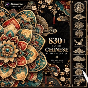 May include: A digital stamp set for Procreate featuring a large, intricate mandala with red, teal, and gold floral patterns. The text reads 830+ CLASSIC CHINESE PATTERN MEGA PACK. A sidebar displays various gold line-art icons on a black background.