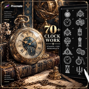 May include: A digital asset pack for Procreate featuring 70+ clockwork stamps. The image displays a gold pocket watch with Roman numerals, a chain, and a tablet screen showing a grid of white line-art clock and gear illustrations on a black background.