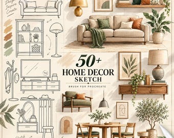 Könnte beinhalten: Eine digitale Sammlung von über 50 Wohndekor-Skizzen für Procreate, mit Strichzeichnungen von Sofas, Regalen, Lampen und Tischen sowie vollfarbigen Darstellungen von Wohn- und Esszimmerinterieurs mit Möbeln und Pflanzen.