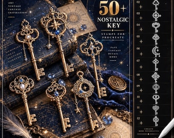May include: A digital collection of 50+ nostalgic key stamps for Procreate, featuring ornate gold-toned keys with intricate filigree, blue gemstones, and celestial motifs like stars and moons, displayed alongside vintage books and a stylus.
