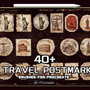 Juego de pinceles para matasellos de viaje para Procreate / Pinceles para sellos postales antiguos / Clipart de franqueo retro / Descarga digital instantánea
