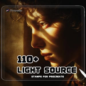 May include: Digital art product advertisement. The image features a person's face with dramatic lighting. Text on the image reads "110+ LIGHT SOURCE STAMPS FOR PROCREATE". The Procreate logo is in the upper left corner. A stylus is in the lower right corner.